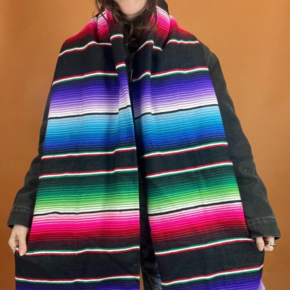 Serape Striped Oversized Scarf - Black - Handmade - One Size - Picture 3 of 5